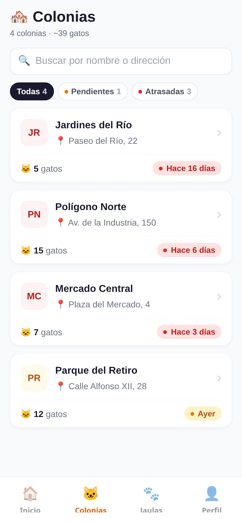 Colony list with search and filters